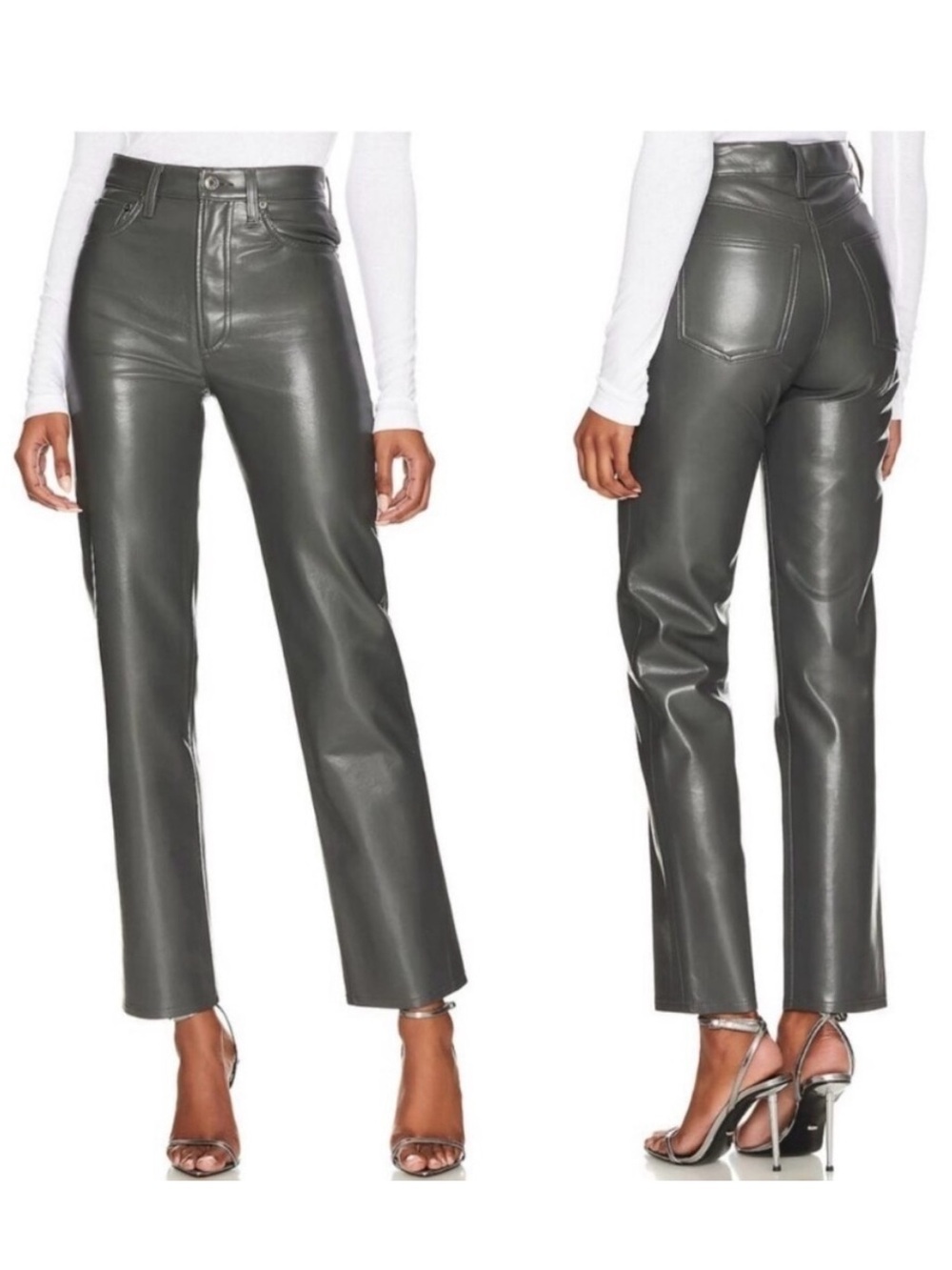 Agolde Recycled Leather 90s Pinch Waist Pants in Gray Marker Sz 28 Edgy Rockstar